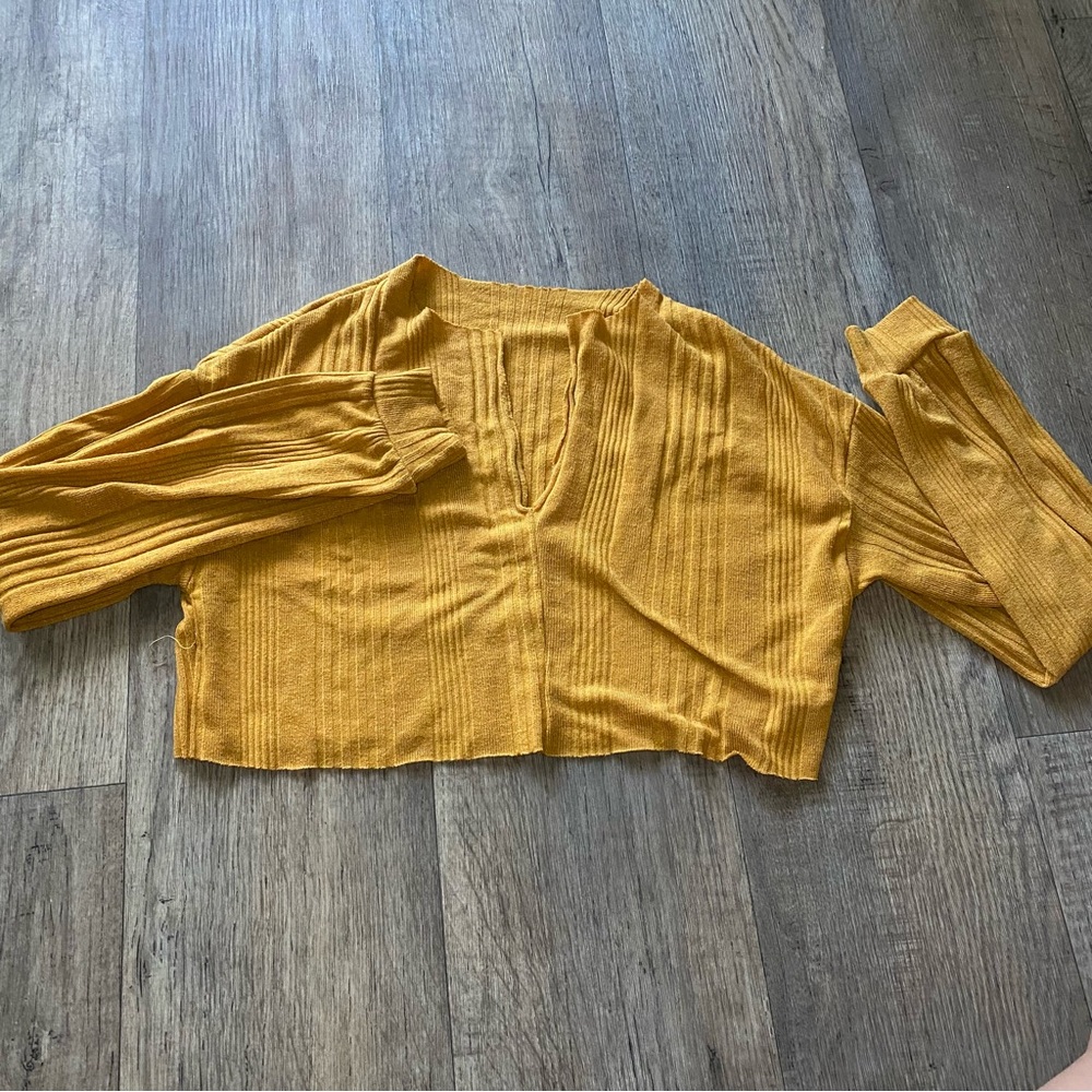 Mustard Yellow Ribbed Knit Cropped Sweater – Long Sleeve, V-Neck